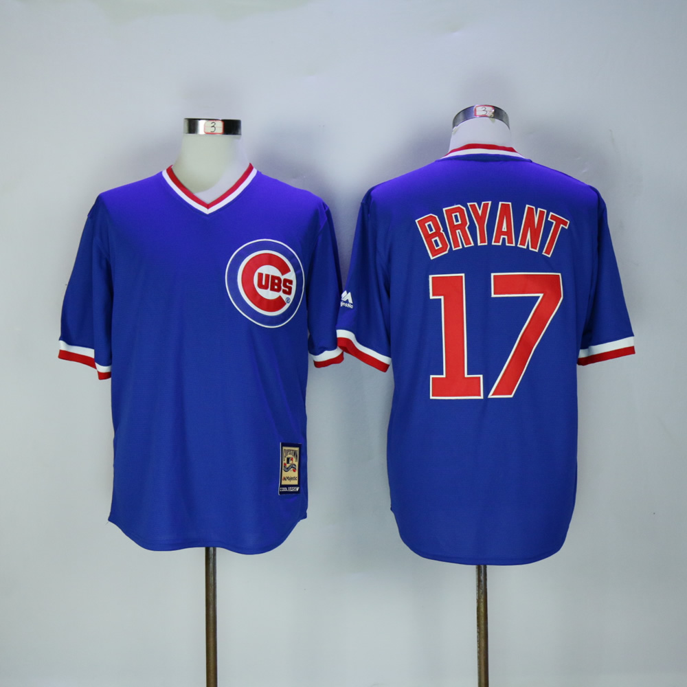 Men Chicago Cubs 17 Bryant Blue Throwback Game MLB Jerseys